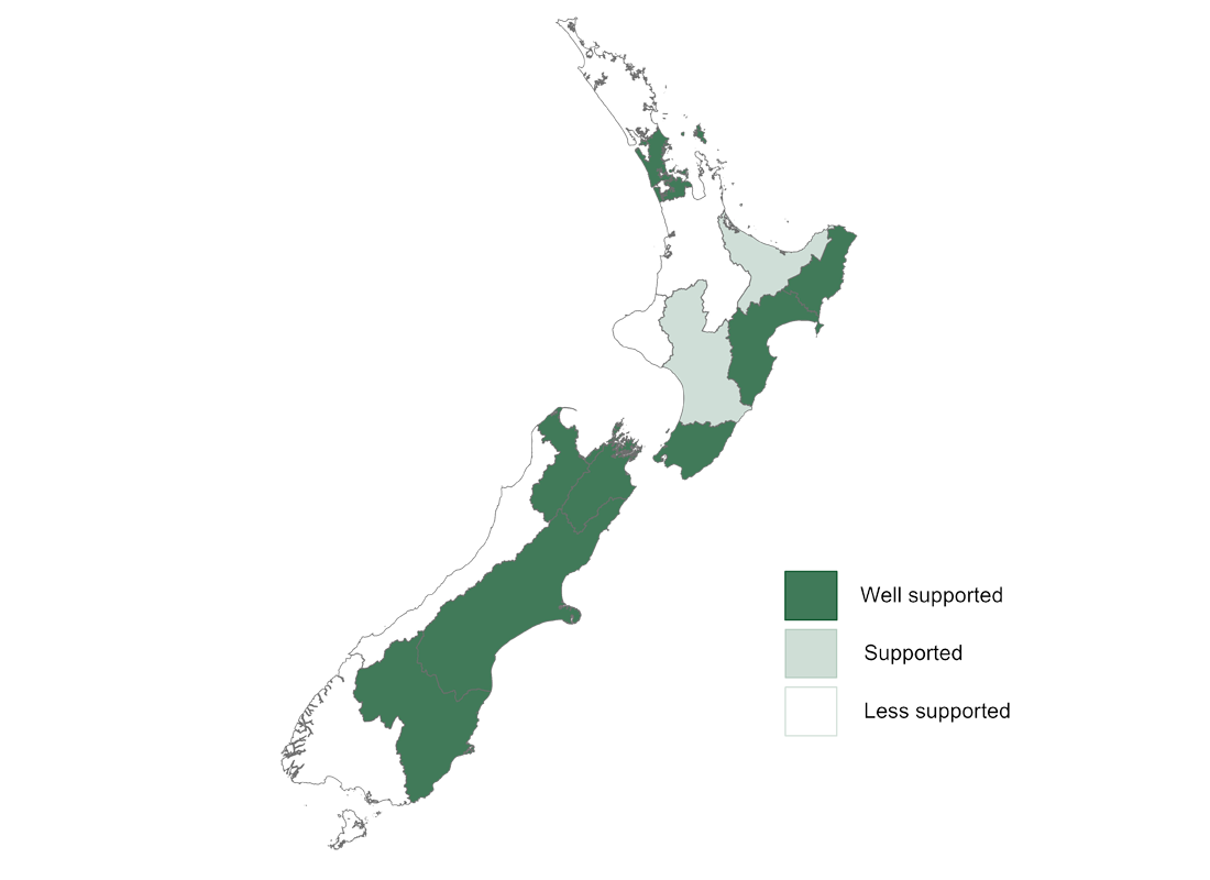 New Zealand map highlighting the best regions for commercial wine grape growing.